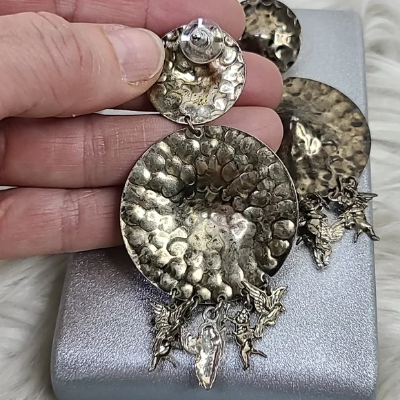 Earrings Retro 80's Tarnished Silver Tone Statement Angel Fringe Eclectic Unique - Picture 4 of 5